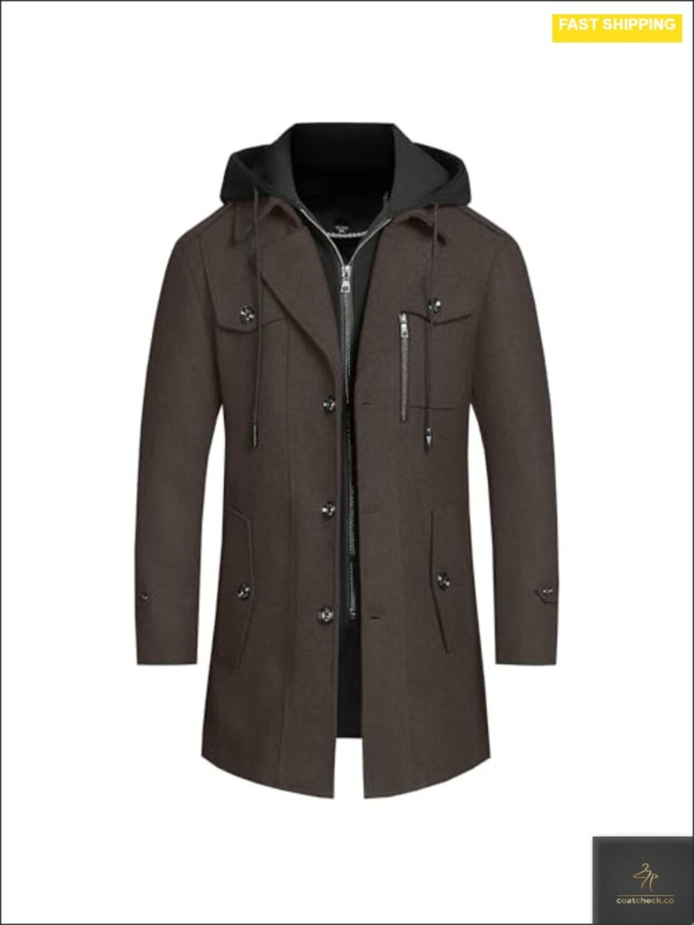 Men's Wool Blend Pea Coat Winter Hooded Trench Long Overcoat